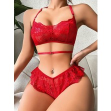 Aria's Closet Arias Closet Kırmızı Dantel Işlemeli Fantezi Şık Sütyen Külot Takımı