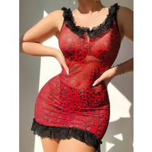 Aria's Closet Arias Closet Sırt Dekolteli Kırmızı Leoparlı Gecelik