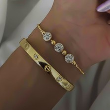 Oghamay Altın Renk Kombin Bileklik Seti Cartier Taşlı Bileklik ve Zirkon Macun Bileklik - 1034
