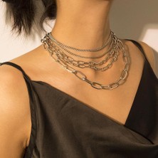 Oghamay Moda Altın Renk Çok Katmanlı Kolye Punk Trendy Gerdanlık Kolye