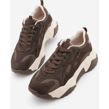 Marjin Kadın Sneaker Kalın Taban Bağcıklı Spor Ayakkabı Pizen Kahve