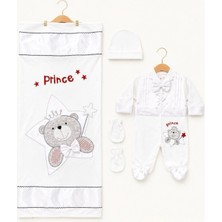 Kardeşler Bebe Erkek Bebek Prens Ayıcık Nakışlı 4 Parça Tulum ve Battaniye Takımı