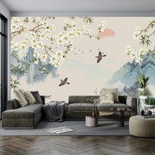 Arterior Wallpaper Balıkçı, Dağlar, Kuşlar ve Çiçekler Poster Duvar Kağıdı