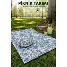 Rona Home Mavi Beyaz Çiçek Desenli Piknik Örtüsü ve 4'lü Yuvarlak Minder Takımı Leke Tutmaz Bahçe Örtüsü
