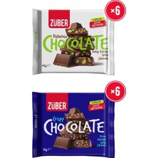 Züber Antep Fıstıklı Sütlü Çikolata 42G x 6 Adet + Pirinç Patlaklı Sütlü Çikolata 35G x 6