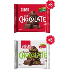 Züber Antep Fıstıklı Sütlü Çikolata 42G x 6 Adet + Sütlü Çikolata 42G x 6 Adet