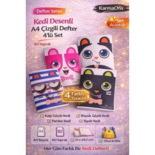 Kedi Desenli A4 Çizgili Defter 80 Yaprak 4'lü Set–kalp Gözlü,büyük Gözlü,pembe ve Siyah Kedi Tasarım