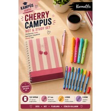 KarmaOfis Kampüs Cherry Serisi Üniversite Kırtasiye Seti – 120 Yaprak Çizgili Defter, 0.7 Versatil Kalem, 4 Pastel Fosforlu Kalem, 9 Renk Fineliner
