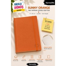 KarmaOfis Sunny Orange – Turuncu / Güneş Desenli 168 Yaprak Çizgili Lastikli Sert Kapak Defter 17X24 cm – Dikişli ve Zımbalı
