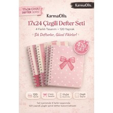 KarmaOfis 4'lü Spiralli Çizgili Defter Seti 17X24 | 120 Yp | Kurdele, Kiraz ve Puantiyeli Tasarım