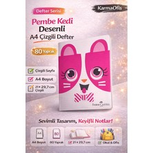Kedi Desenli A4 Çizgili Defter 80 Yaprak 1 Adet – Pembe Kedi Tasarım