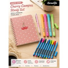 KarmaOfis Cherry Campus Üniversite Kırtasiye Seti – 120 Yaprak Çizgili Defter, 9 Fineliner, 4 Fosforlu Kalem ve 0.7 Versatil Kalem