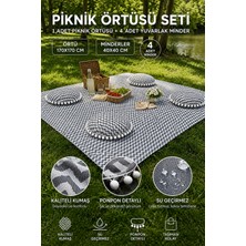 Rona Home "piknik Örtüsü Seti Su Geçirmez 170X170 cm 4 Minderli Ponponlu Gri Leke Tutmaz Kamp Örtüsü"