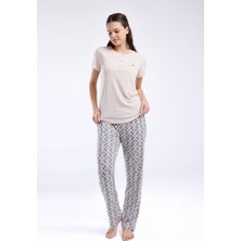 Pierre Cardin Kadın Hakim Yaka Pigment Baskılı Yazlık Regular Fit Krem Pijama Takımı PC8961-S-V1