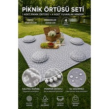 Rona Home Su Geçirmez Piknik Örtüsü ve Minder Seti 170X170 cm Örtü 4 Adet Yuvarlak Ponponlu Minder