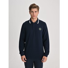 Fenerbahçe Lacivert Tribün Tek Renk Logolu Uzun Kollu Erkek Polo Tshirt