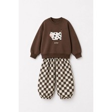 Yiğit Butik Çocuk Inek Baskılı 2 Iplik Sweatshirt Gabardin Pantolon Alt Üst Takım