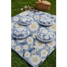 Rona Home Mavi Papatyalı Piknik Örtüsü ve Yer Minderi Seti 4 Adet Ponponlu Minder Bahçe Yer Sofrası Takımı