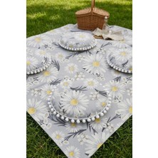 Rona Home Piknik Matı Seti Gri Papatya Desenli Ponponlu Yuvarlak Yer Minderi ve Su Geçirmez Piknik Örtüsü