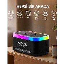 Şara Bilişim Jedel SA-148 Rgb Işıklı Bluetooth Hoparlörlü Masa Lambası, Kablosuz Şarj Cihazı, Dijital Saat ve Alarmlı Gece Lambası Gri