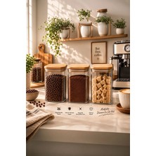 Porsima 5-3 Bambu Vakumlu Kapaklı Kare Borsilikat Cam 3lü Kavanoz Seti Saklama Kabı 750ML 7,5X15CM