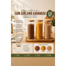 Porsima 3-3 Bambu Vakumlu Kapaklı Yuvarlak Borosilikat Cam 3lü Kavanoz Seti Saklama Kabı 1650ML 10X25CM