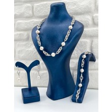 Livora Jewelry 925 Ayar Gümüş Inci Taşlı 3'li Özel Tasarım Kadın Takı Seti