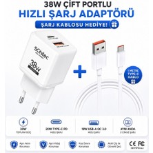 Schitec 38W 2 Çıkışlı Hızlı Şarj Başlığı ve 120W Usba To Type-C Hızlı ve Şarj Kablosu Beyaz Hediye