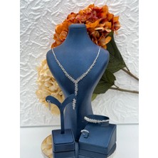 Livora Jewelry 925 Ayar Gümüş Zirkon Taşlı 4'li Yaprak Gerdanlık Kadın Takı Seti