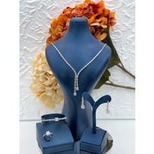 Livora Jewelry 925 Ayar Gümüş Pırlanta Işçilikli Baget Kesim Zirkon Taşlı 4'li Gerdanlık Kadın Takı Seti