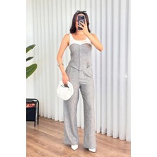 Afili Butik Keten Görünümlü Düğmeli Büstiyer ve Bol Paça Pantolon Ikili Takım