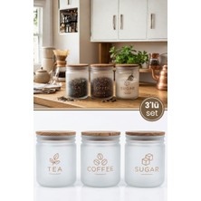 Flora 3'lü Ahşap Kapaklı Cam Kavanoz Seti, Çay Şeker Kahve Desenli Buzlu Camlı 450 ml Baharatlık Seti