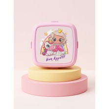 Airobazar Kız Çocuk Unicorn ve Prenses Desenli 4 Bölmeli Çatallı Beslenme Kutusu - Pembe Okul Bento Kutu