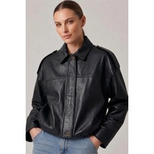 Deriderim Siyah Hakiki Deri Oversize Crop Kemerli Omuz Apolet Detaylı Kadın Ceket