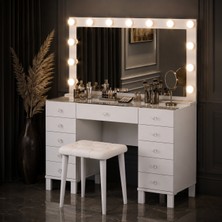 Rani Mobilya Rani BJ240 Hollywood Işıklı Aynalı Kulis Makyaj Masası Cam Tablalı 11 Çekmeceli Takı Düzenleyici Puf Takım Günışığı