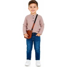 Güler Butik Erkek Çocuk Hakim Yaka Çizgili Gömlek Jean Pantolon Çantalı Takım Şık Kombin Günlük Özel Gün