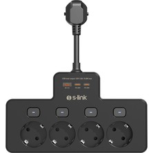 S-Link PRZ08 Siyah 4 Soketli 15CM 1 USB 2 Type-C PD20W Tam Bakır Kablolu Akım Korumalı Priz