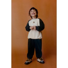 Magu Çocuk Pamuklu Ayıcık Nakışlı Ekru Siyah Sweatshirt ve Eşofman Altı Takımı