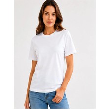 ALDAIYR Kadın %100 Organik Pamuklu Kalın Dokulu Regular Fit Yuvarlak Yakalı Kırık Beyaz T-Shirt