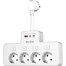 S-Link PRZ08 Beyaz 4 Soketli 15CM 1 USB 2 Type-C PD20W Tam Bakır Kablolu Akım Korumalı Priz