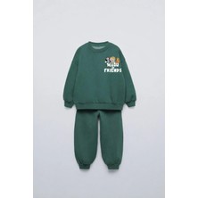 Çocuk Pamuklu Magu Friends Baskılı Yeşil Sweatshirt ve Eşofman Altı Takımı