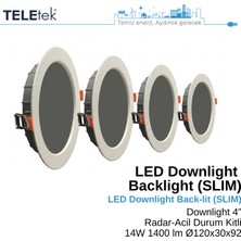 Teletek 14W LED Downlight 4 Radar+Acil Durum Kitli Backlight Slim Yuvarlak Beyaz Işık  Spot Sıva Altı Panel Armatür , IP44 Ince Kasa Spot Aydınlatma