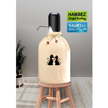 Dekoratif  Iki Kedi Kalp Baskılı Damacana Kılıfı Doğal Hambez Büzgü Ipli Yıkanabilir Kılıf