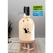 Dekoratif  Kedi ve Kelebek Baskılı Damacana Kılıfı Doğal Hambez Büzgü Ipli Yıkanabilir Kılıf