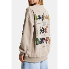 It's Basic Kadın Ekru Bej W5 Oversize Baskılı %100 Koton Organik Kumaş Sweatshirt