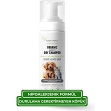 Greenwich Kedi ve Köpek Kuru Şampuanı 150 ml, Durulama Gerektirmeyen Vegan Temizleme Köpüğü, Banyo Aralarında Pratik Tüy Bakımı ve Ferah Görünüm Desteği
