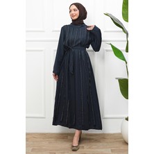 İmaj Butik Lacivert Taş Detaylı Bel Bağlamalı Elbise