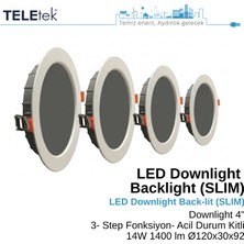 Teletek 14W LED Downlight 4 3 Ayarlı Fonksiyon + Acil Durum Kitli Backlight Slim Yuvarlak Beyaz Işık  Spot Sıva Altı Panel Armatür , IP44 Ince Kasa Spot Aydınlatma