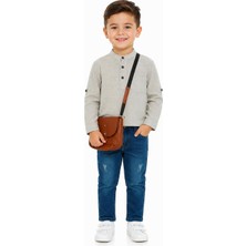 Güler Butik Erkek Çocuk Hakim Yaka Çizgili Gömlek Jeanpantolon Çantalı Takım Şık Kombin Günlük Özel Gün 4'lü Set