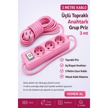 Fırsat Yolu Üçlü Topraklı Anahtarlı Grup Priz 3 Metre Pembe
